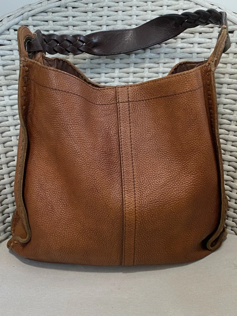Lucky Brand Vintage Brown Pebbled Leather Hobo Slouchy Whipstitched Bag